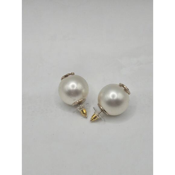 Chanel Golf-tone White Faux Pearl CC Stud Earrings - Picture 8 of 16